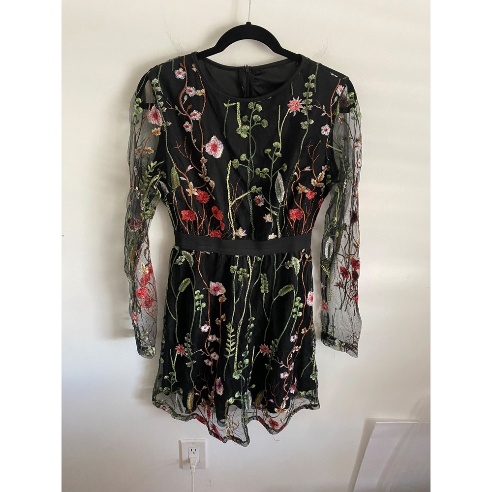 Sheer Mesh Embroidered Black Floral Mini Dress Long Sleeve M